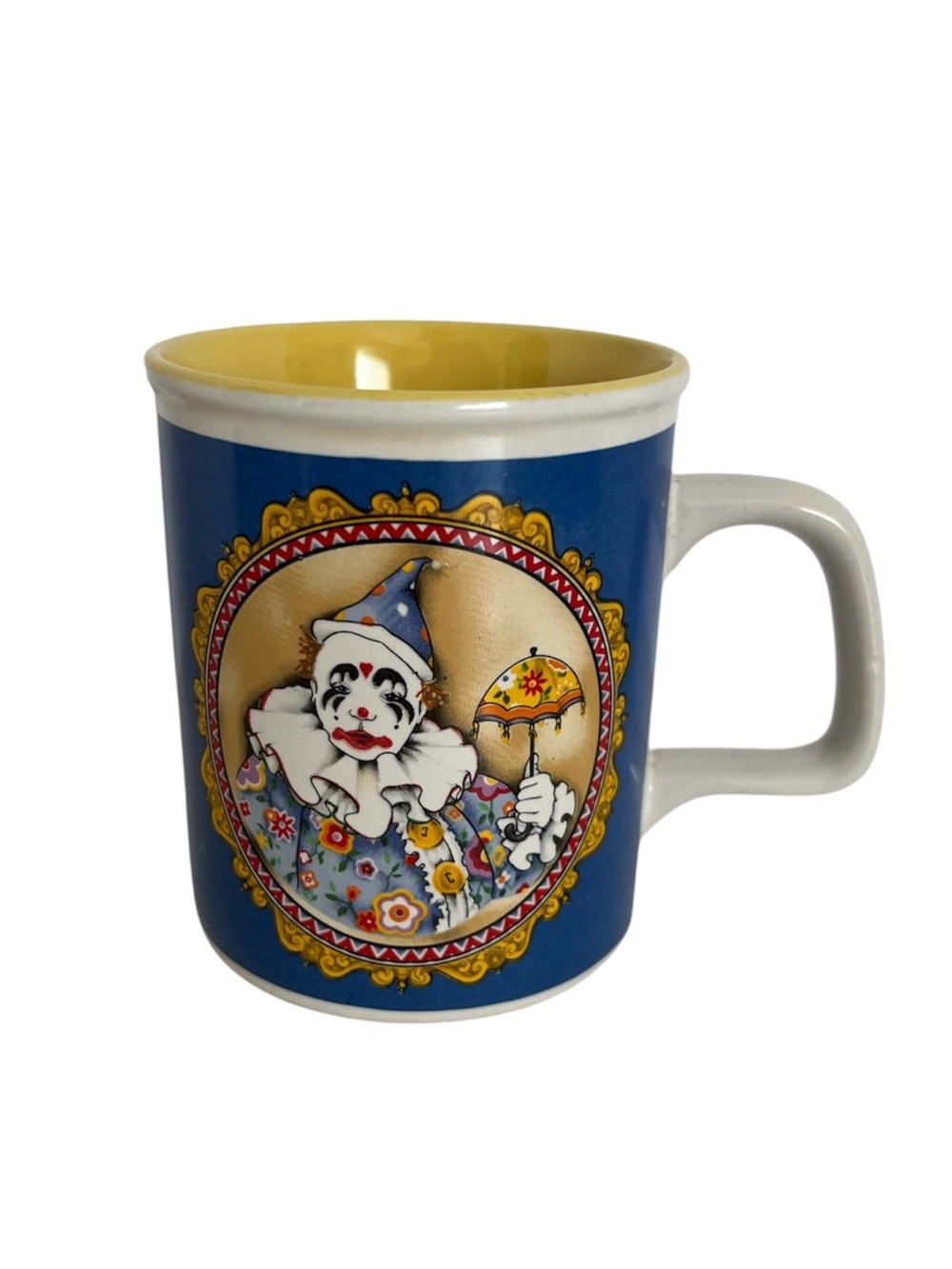 Enesco Harlequin Clown With Umbrella Coffee Mug Blue & Yellow Vintage 1985